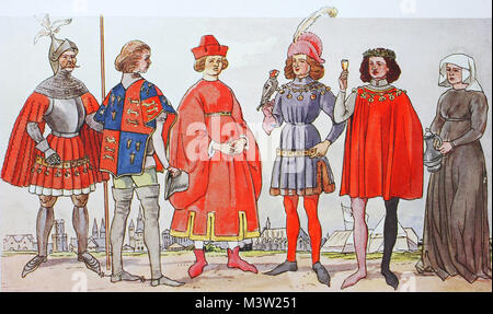 Clothing, fashion in Germany under Burgundian influence in the 15th century, from the left, a knight in armor, the herald with high leather boots, then a gentleman in the wide Tappert, a young knight with falcons, a dandy and a inkeeper woman, digital improved reproduction from an original from the year 1900 Stock Photo