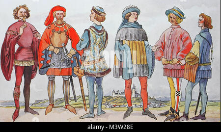 Clothing, fashion in Germany under Burgundian influence in the 15th century, from the left, gentleman with a tight-fitting jacket, a knightly gentleman, then Lower Rhine costume, then a gentleman and a youth in a padded jacket, digital improved reproduction from an original from the year 1900 Stock Photo