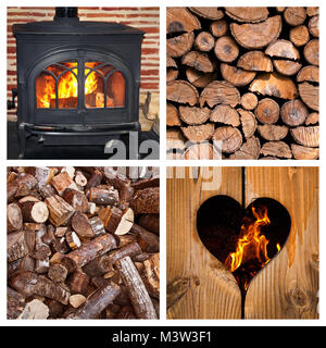 Wood burning stove and logs collage
