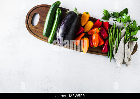 fresh vegetables on the table, bright multi-colored organic bio production. concept of healthy eating. top view, flat lay Stock Photo