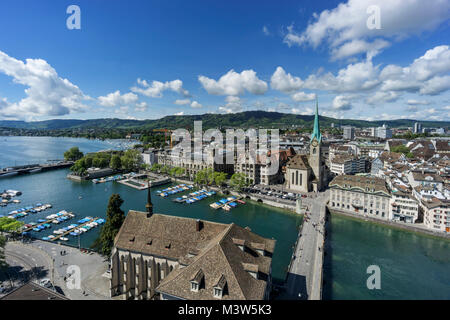 Panoramic view from Grossmunster cathedral, river Limmat, Zurich lake, Fraumunster, Zurich, Switzerland Stock Photo