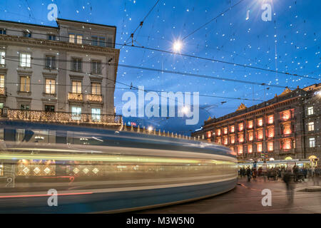 tram, christmas illumination,  Paradeplatz ,  Credit Suisse, UBS, Zurich, Switzerland Stock Photo
