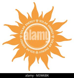 Orange abstract sun shape with inside power waves. isolated on white background. the text solar energy is around the circle. Stock Vector