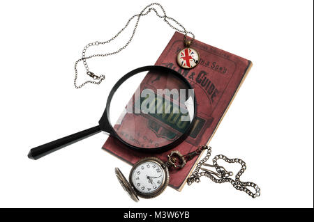 set of Detective of Holmes times - magnifying glass, map of London, clock on chain Stock Photo