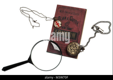 set of Detective of Holmes times - magnifying glass, map of London, clock on chain Stock Photo