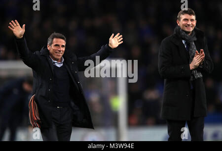 Former Chelsea players Gianfranco Zola and Tore Andre Flo during the Premier League match at Stamford Bridge, London. PRESS ASSOCIATION Photo. Picture date: Monday February 12, 2018. See PA story SOCCER Chelsea. Photo credit should read: Nick Potts/PA Wire. RESTRICTIONS: EDITORIAL USE ONLY No use with unauthorised audio, video, data, fixture lists, club/league logos or 'live' services. Online in-match use limited to 75 images, no video emulation. No use in betting, games or single club/league/player publications. Stock Photo