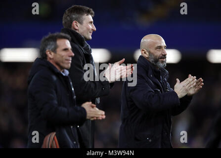 Former Chelsea players Gianfranco Zola, Tore Andre Flo and Gianluca Vialli during the Premier League match at Stamford Bridge, London. PRESS ASSOCIATION Photo. Picture date: Monday February 12, 2018. See PA story SOCCER Chelsea. Photo credit should read: Nick Potts/PA Wire. RESTRICTIONS: EDITORIAL USE ONLY No use with unauthorised audio, video, data, fixture lists, club/league logos or 'live' services. Online in-match use limited to 75 images, no video emulation. No use in betting, games or single club/league/player publications. Stock Photo