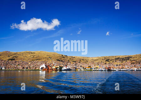 Panoramic view of Puno from the Titicaca lake, Peru Stock Photo