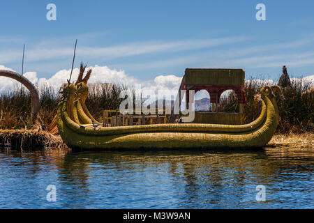 Picture of a typical totora boat in Uros island, Titicaca Lake, Peru Stock Photo