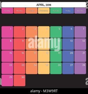 April 2018 Planner Calendar big editable space color day Stock Vector