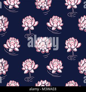 Lotus pink on dark blue vector seamless pattern. Stock Vector