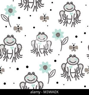 Funny frogs grey and blue seamless vector pattern. Stock Vector