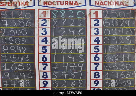 Lottery numbers written in chalk on a blackboard in Argentina Stock Photo