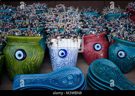 Close up view of decorative, ornamental objects made with evil eyes. Stock Photo