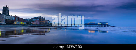 Panorama of Cromer from the beach at sunset. Stock Photo