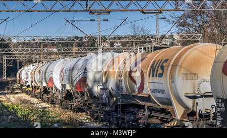 BELGRADE, SERBIA - Tank wagons train of Russian company Gazprom passing next to the settlement Topcider on the outskirts of the city Stock Photo