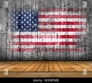 USA flag painted on concrete with wooden floor Stock Photo