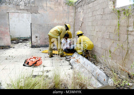 Fire officers from the Bridgetown Fire Department assess and assist a volunteer actor during a mass casualty drill at the site of the former Glendairy Prison. The scenario was based on the idea that an earthquake caused a hotel to collapse and local emergency services and Barbados Defence Force (BDF) personnel were working together to rescue and treat survivors. Tradewinds 2017 Regional Observer and Assessment Team (ROAT) members from multiple countries watched the exercise to take notes and create an assessment for Barbadian officials. The report will contain ideas of ways emergency services  Stock Photo