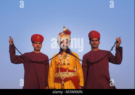 India. Rajasthan. Jaipur. Man called Ram Sing Chauhan with one of the world's largest moustache. 7,8 feet long. Portrait. Stock Photo