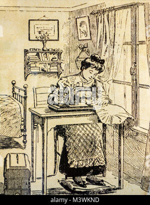 Drawing showing woman at home sewing with domestic hand powered sewing machine with hand crank from the nineteenth / early twentieth century Stock Photo