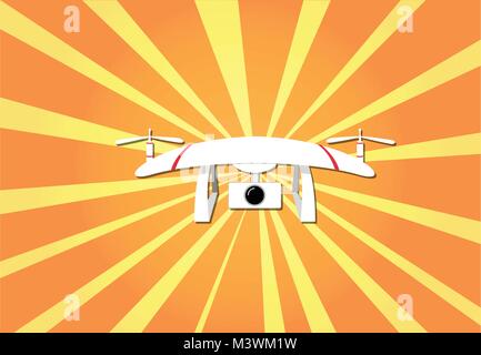Camera drone on sunshine background, vector art design Stock Vector