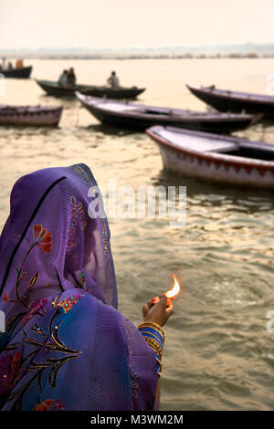 India, Varanasi, Ganga river, Ghats. Hindu pelgrims come from all over ...