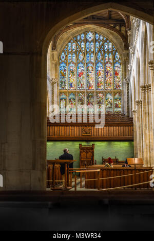 The west stained glass window at the christian church of St Mary the Virgin, the official church at the university of Oxford, England. Stock Photo