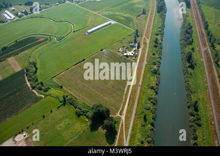Aerial of farming with waterways and irrigation systems. Nature pathways near canal for walking, running and healthy environmentally sound activities. Stock Photo