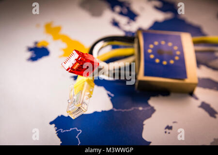 Net cable with Padlock over EU map on the background, GDPR metaphor Stock Photo