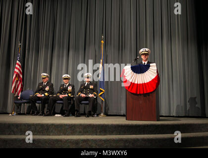 KEYPORT, Wash. (Dec. 15, 2017) Rear Adm. Daryl Caudle, commander, Submarine Force, U.S. Pacific Fleet, delivers remarks as the guest speaker during a change of command ceremony for Commander, Submarine Group 9. Rear Adm. Blake Converse, from Montoursville, Pennsylvania, relieved Rear Adm. John Tammen, from Washington Township, New Jersey, during the ceremony held at the Keyport Undersea Museum. (U.S. Navy photo by Mass Communication Specialist 1st Class Amanda R. Gray/Released) 171215-N-UD469-079 by Naval Base Kitsap (NBK) Stock Photo