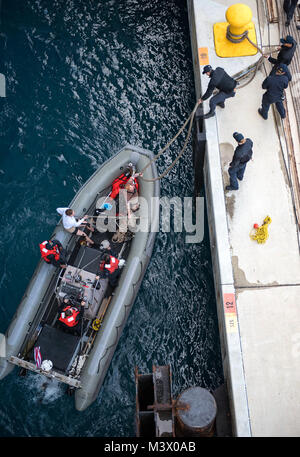 180201-N-WF272-079  WHITE BEACH, Okinawa (Feb. 1, 2018) Deck department Sailors, assigned to the amphibious assault ship USS Bonhomme Richard (LHD 6), recover a rigid-hull inflatable boat during boat operations. Bonhomme Richard is operating in the Indo-Asia-Pacific region as part of a regularly scheduled patrol and provides a rapid-response capability in the event of a regional contingency or natural disaster. (U.S. Navy photo by Mass Communication Specialist 2nd Class Diana Quinlan/Released) 180201-N-WF272-079 by Photograph Curator Stock Photo