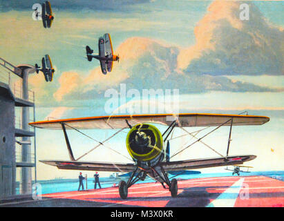 Lot-4908-2: WWII-US Aircraft.   “Assignment Completed”   U.S. Navy aircraft: Curtiss SBC-4 dive bomber onboard aircraft carrier.    Artwork by Charles H. Hubbell.  Courtesy of the Library of Congress.  (2018/02/02). Lot-4908-2 40012607492 o Stock Photo