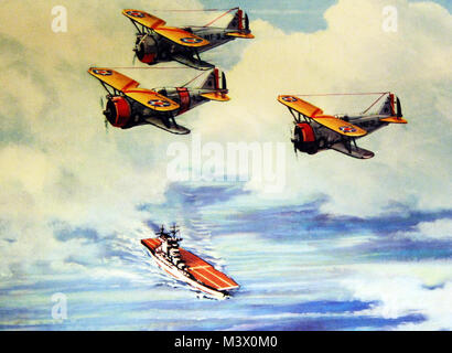 Lot-4908-4: WWII-US Aircraft.    “Over the Nest”.   Grumman F3F-2 fighters over aircraft carrier.    Artwork by Charles H. Hubbell.  Courtesy of the Library of Congress.  (2018/02/02). Lot-4908-4 39334684614 o Stock Photo