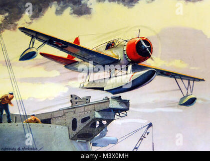 Lot-4908-9: WWII-US Aircraft.     “Catapult”.  U.S. Navy aircraft:  Vought-Sikorsky OS2U-1 observation scout.     Artwork by Charles H. Hubbell.  Courtesy of the Library of Congress.  (2018/02/02). Lot-4908-9 26171855588 o Stock Photo