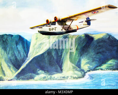 Lot-4908-11: WWII-US Aircraft.     “Coast Patrol”  U.S. Navy aircraft: Consolidated PBY flying boat.       Artwork by Charles H. Hubbell.  Courtesy of the Library of Congress.  (2018/02/02). Lot-4908-11 28266010269 o Stock Photo