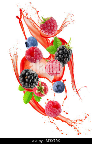 berry mix in juice splash isolated on a white background. Stock Photo