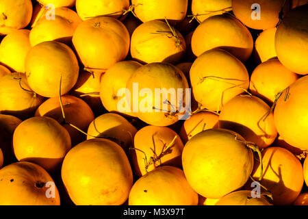 Yellow melons are for sale at the vegetable market in the streets of town Stock Photo