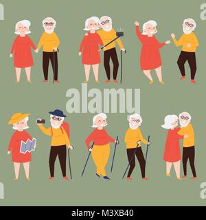 Elder couple is making selfie together in different situations. Old retired woman and man are traveling and taking photo of theirselves. Selfie and tr Stock Vector