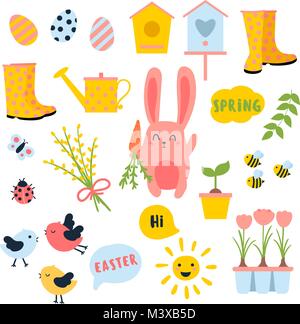 Vector Easter and spring set with cute bunnie with carrot, birds, chicken, eggs, flowers, birdhouses. Ladybug, butterfly, sun, boots. Collection of ob Stock Vector