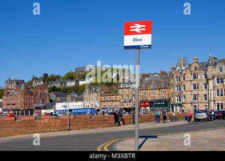 Oban, Argyll, with railway sign prominent in foreground Stock Photo