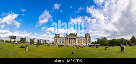 Panoramic view of Platz der Republik in Berlin. Paul Lobe House on left, Reichstag (Bundestag) building in center and Besucherzentrum Bundestag Stock Photo