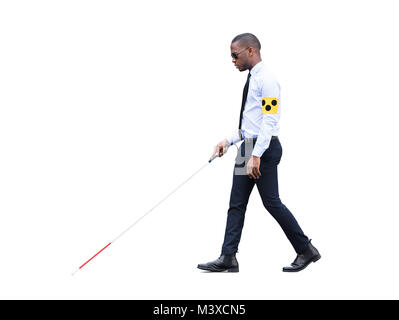 African Blind Man Wearing Armband Walking With Stick On White Background Stock Photo