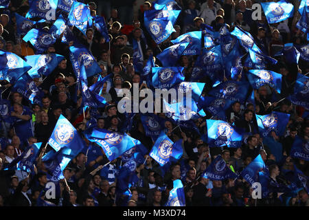 Chelsea fans wave flags in the sunshine during the match - Chelsea v Tottenham Hotspur, The Emirates FA Cup Semi Final, Wembley Stadium, London - 22nd Stock Photo