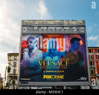 Giant billboard in Milan, Italy advertising the new TV Show Versace starring Edgar Ramirez, Penelope Cruz and Ricky Martin Stock Photo