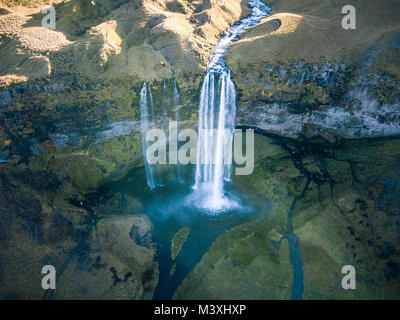 Travel to iceland seljalandsfoss waterfall of seljalands river drone pictures arial view Stock Photo