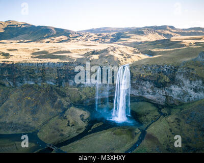 Travel to iceland seljalandsfoss waterfall of seljalands river drone pictures arial view Stock Photo