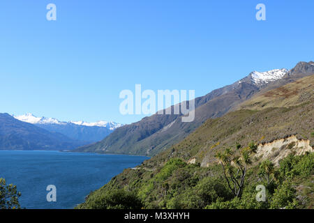 View North west across Lake Wanaka from Lake Wanaka Lookout on State Highway 6 towards Mount Albert in South Island, New Zealand. Stock Photo