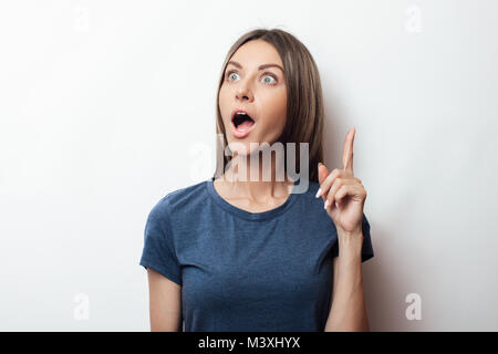 Success, idea and innovation technology concept. Thinking woman looking up with light idea above head isolated on white wall background Stock Photo