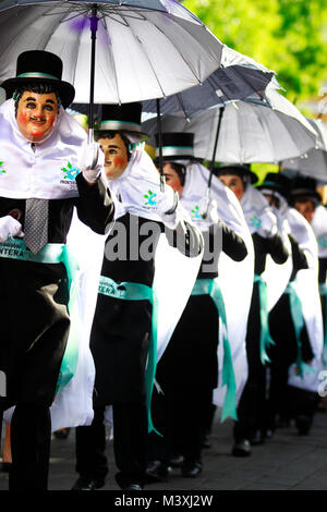 TLAXCALA, MEXICO - FEBRUARY, 08, 2018 Group of mexican dancers dressed as Catrines characters in the annual parade to celebrate the beginning of the M Stock Photo