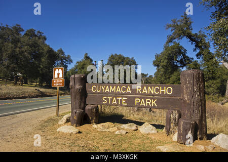 Entrance Sign at Cuyamaca Rancho State Park in East San Diego County along Highway 79 in Southwest California Stock Photo